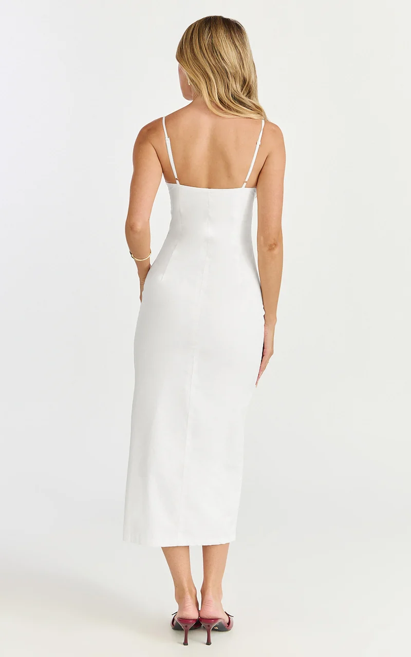 Anessa Midi Dress - Button Front Bustier Fitted Dress in White