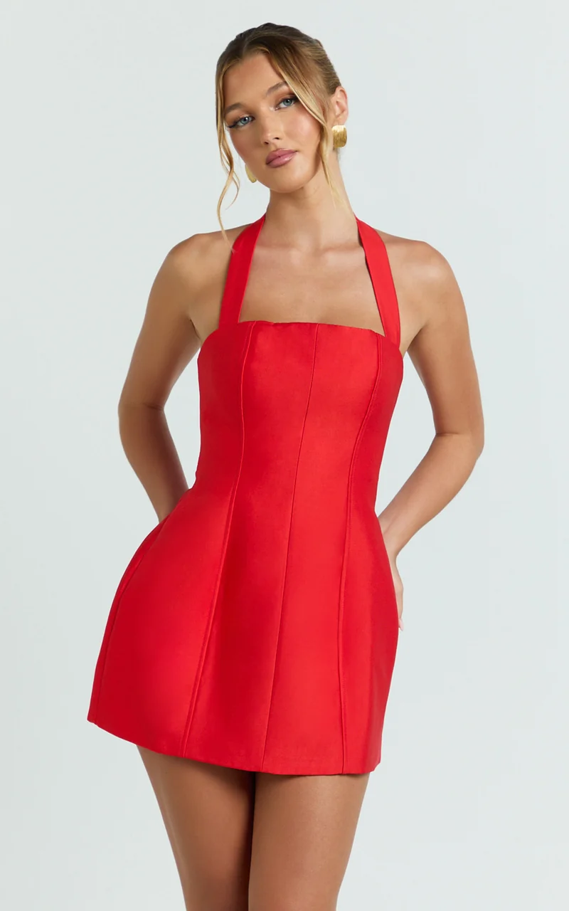 Lucie Mini Dress - Halter Neck Tulip Dress in Red