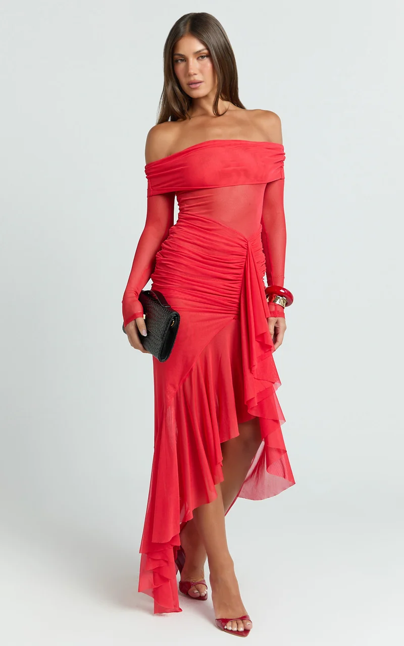 Noelle Maxi Dress - Off The Shoulder Gathered Waist Ruffle Dress in Red