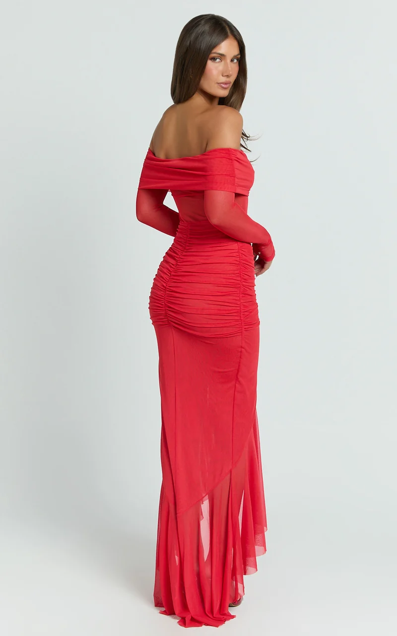 Noelle Maxi Dress - Off The Shoulder Gathered Waist Ruffle Dress in Red
