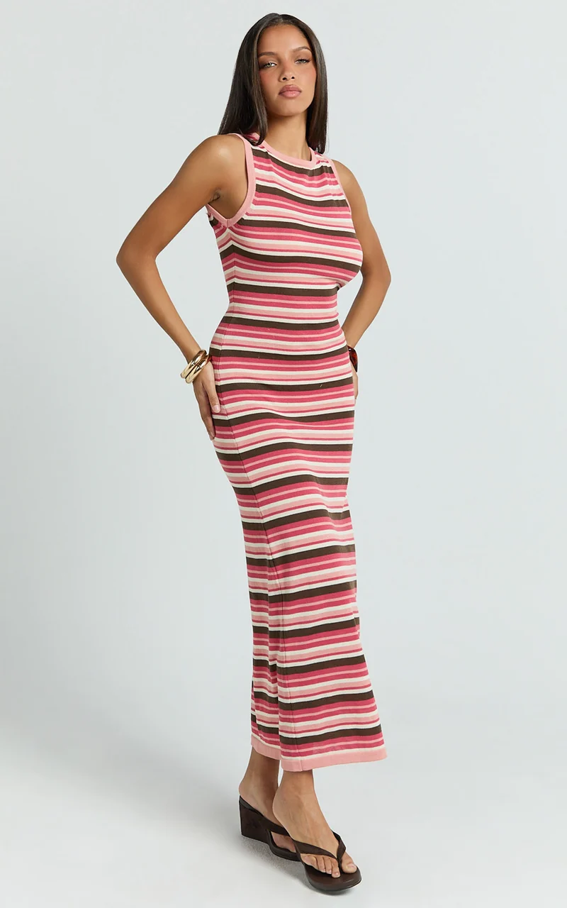 Yasmine Maxi Dress - Boat Neck Backless Stripe Knit Stripe Dress in Multi