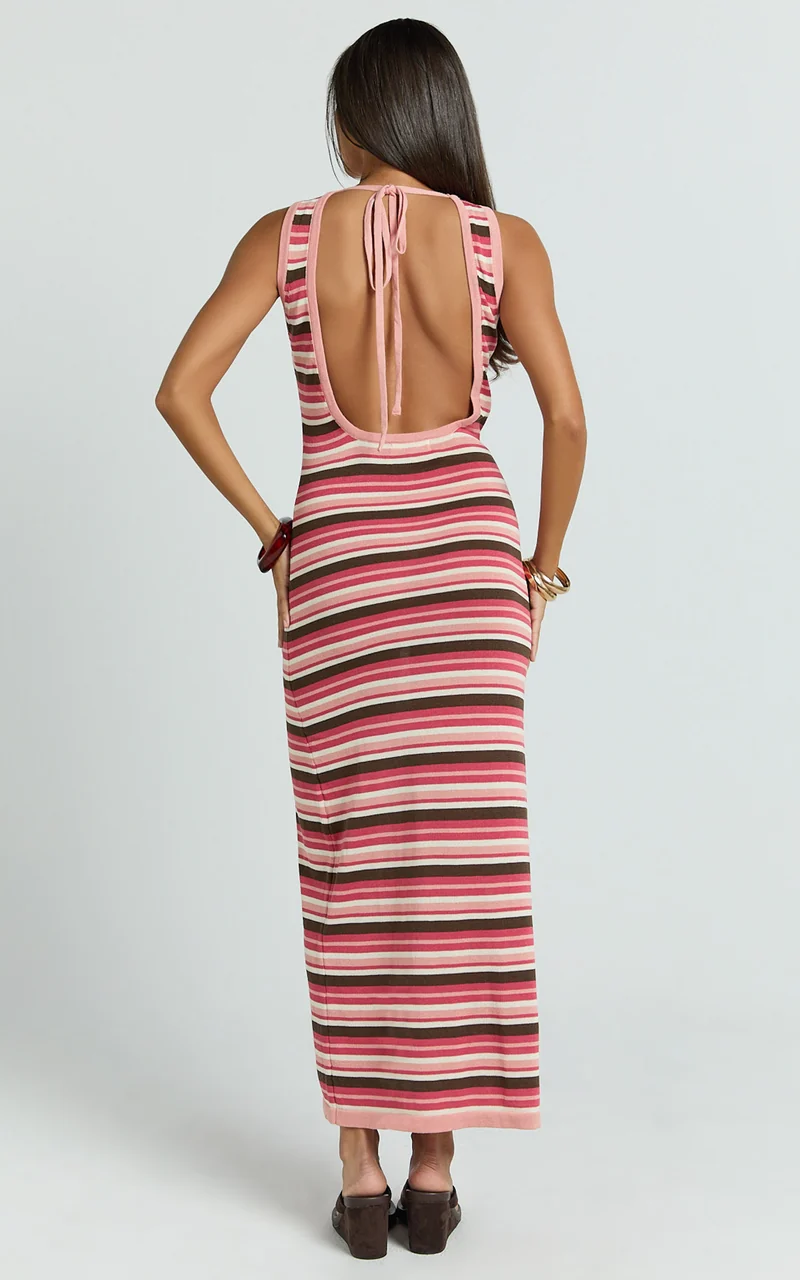 Yasmine Maxi Dress - Boat Neck Backless Stripe Knit Stripe Dress in Multi