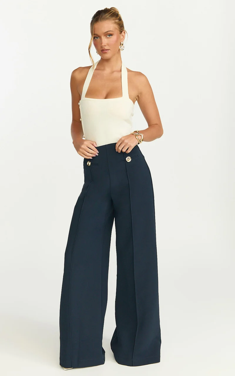 Clara Pants - High Waisted Wide Leg Pants in Navy