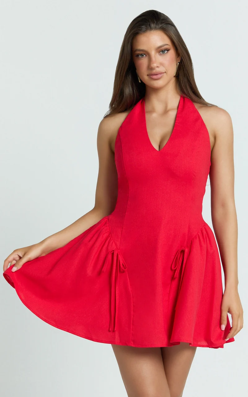 Alexi Mini Dress - Halter Deep V Fit And Flare Dress in Red