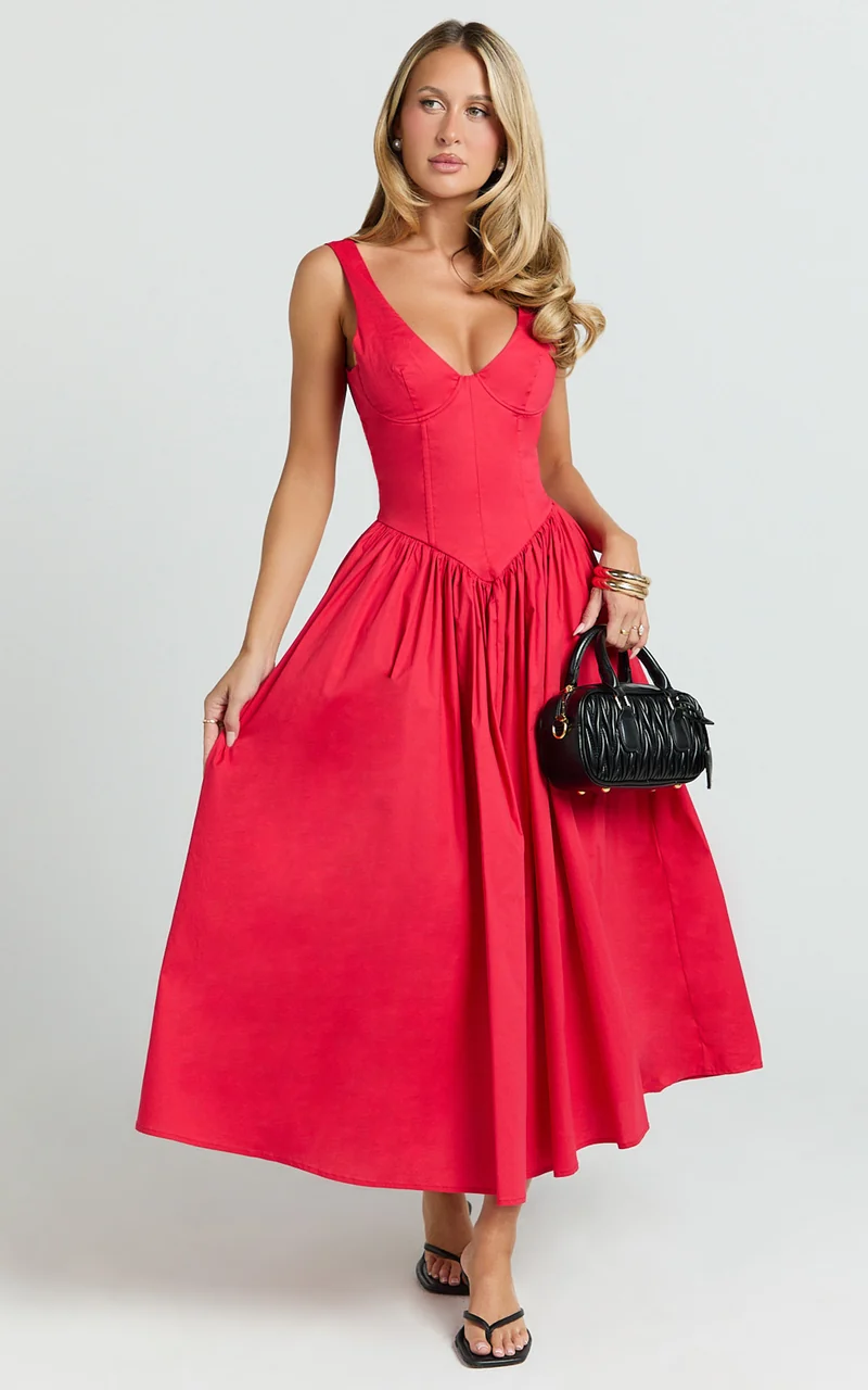 Beckett Midi Dress - Scoop Neck Drop V Waist Gathered Skirt Dress in Red