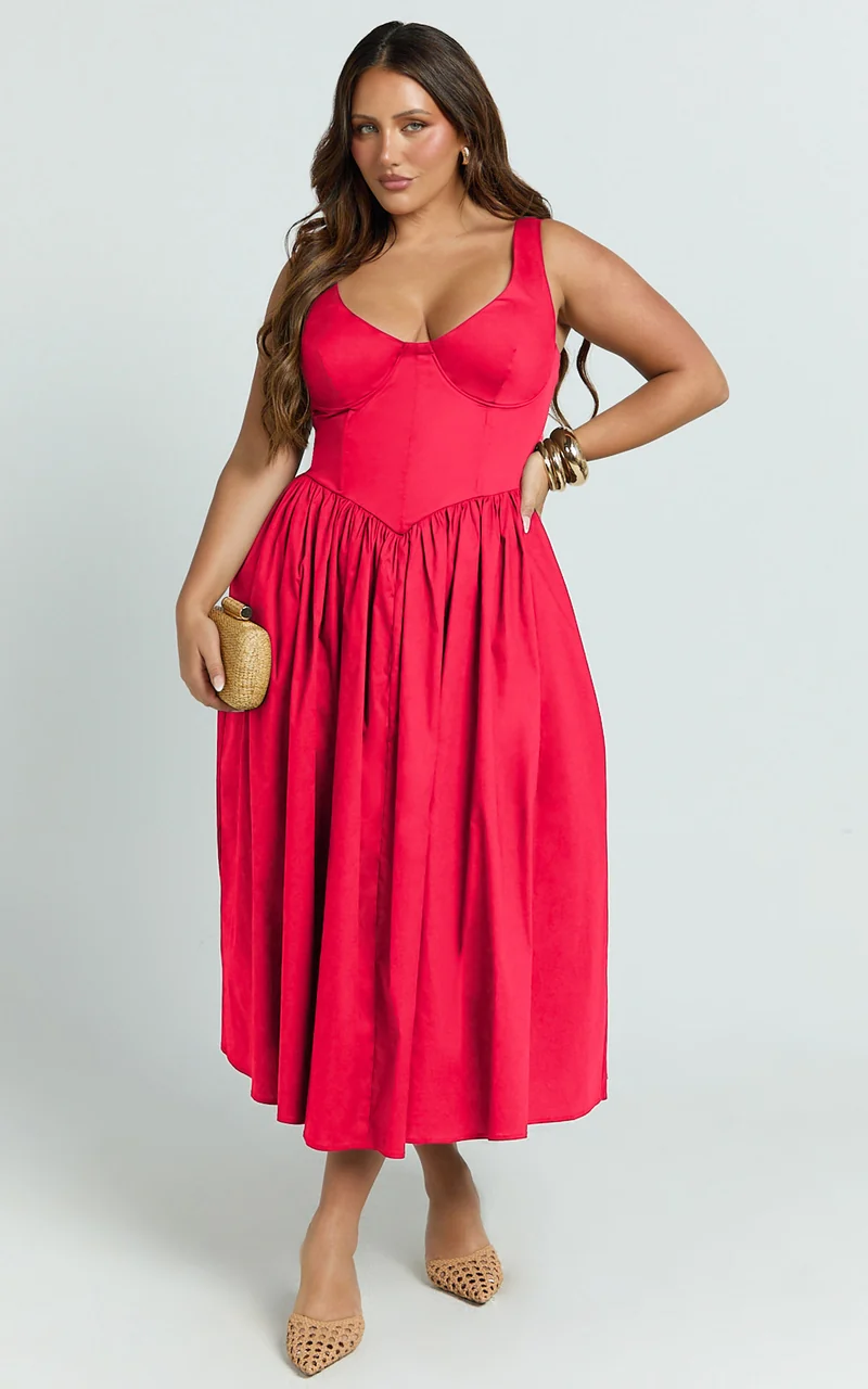 Beckett Midi Dress - Scoop Neck Drop V Waist Gathered Skirt Dress in Red