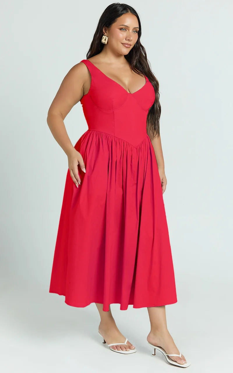 Beckett Midi Dress - Scoop Neck Drop V Waist Gathered Skirt Dress in Red
