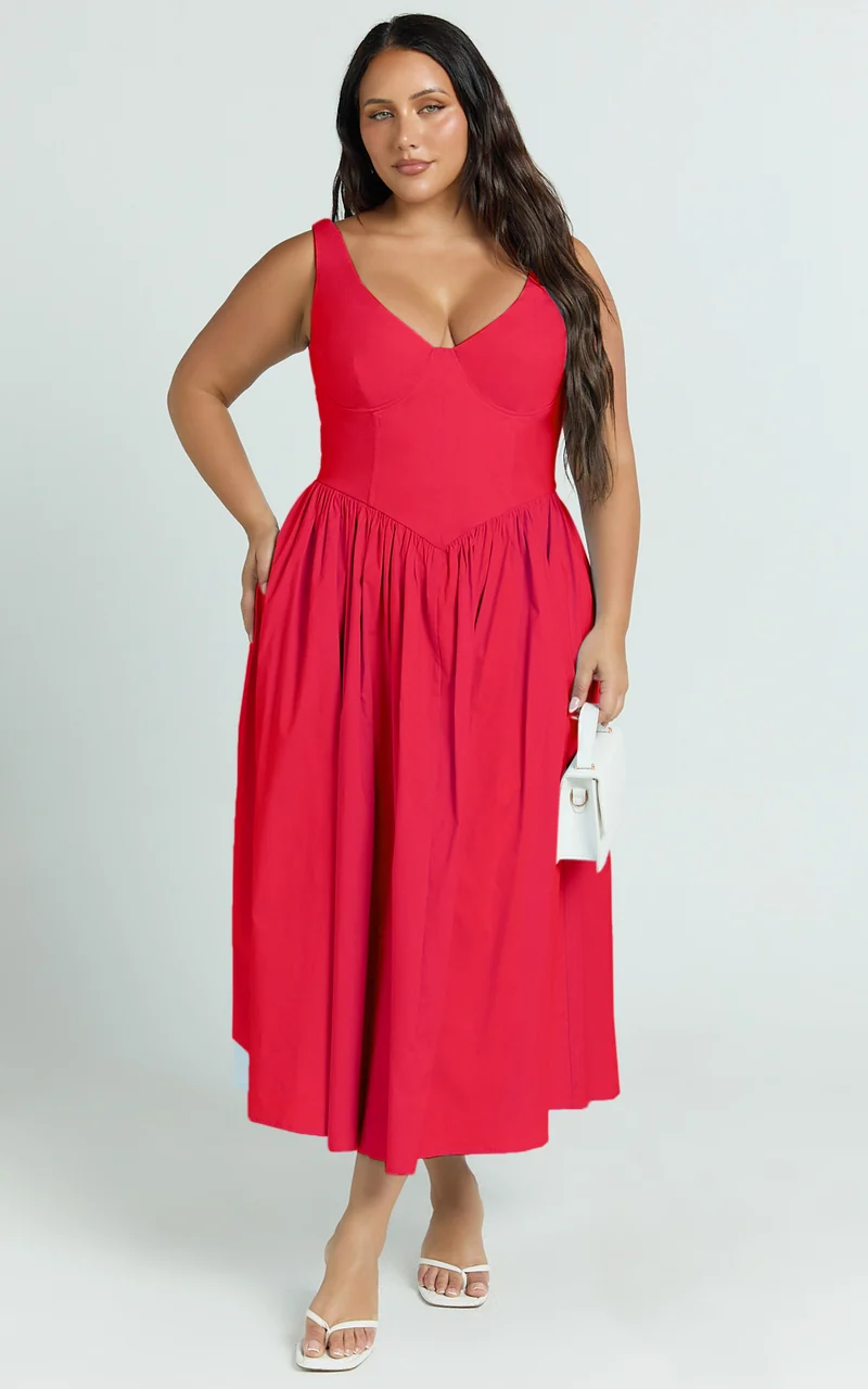 Beckett Midi Dress - Scoop Neck Drop V Waist Gathered Skirt Dress in Red