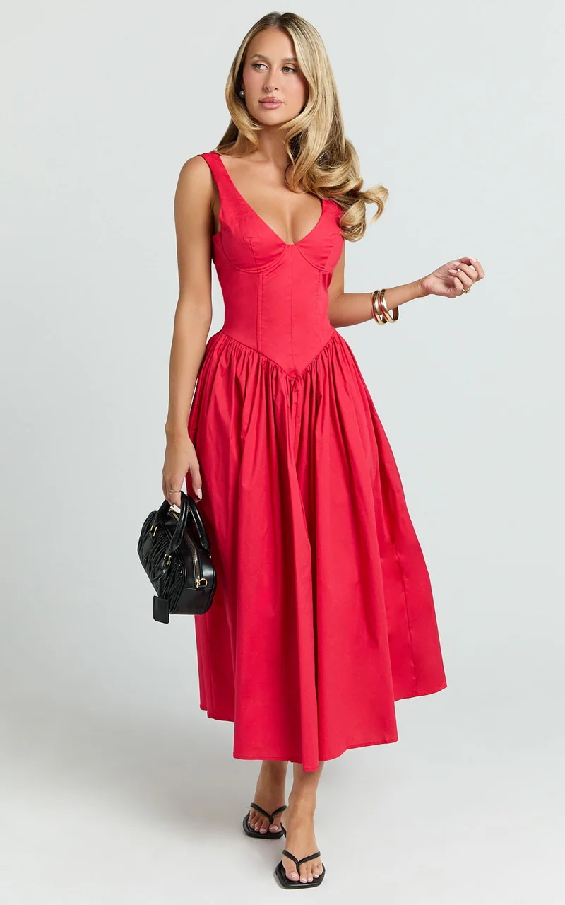 Beckett Midi Dress - Scoop Neck Drop V Waist Gathered Skirt Dress in Red