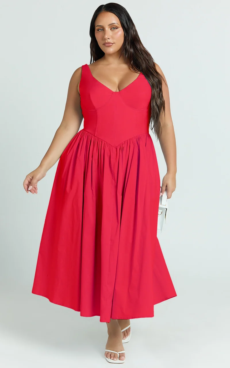 Beckett Midi Dress - Scoop Neck Drop V Waist Gathered Skirt Dress in Red