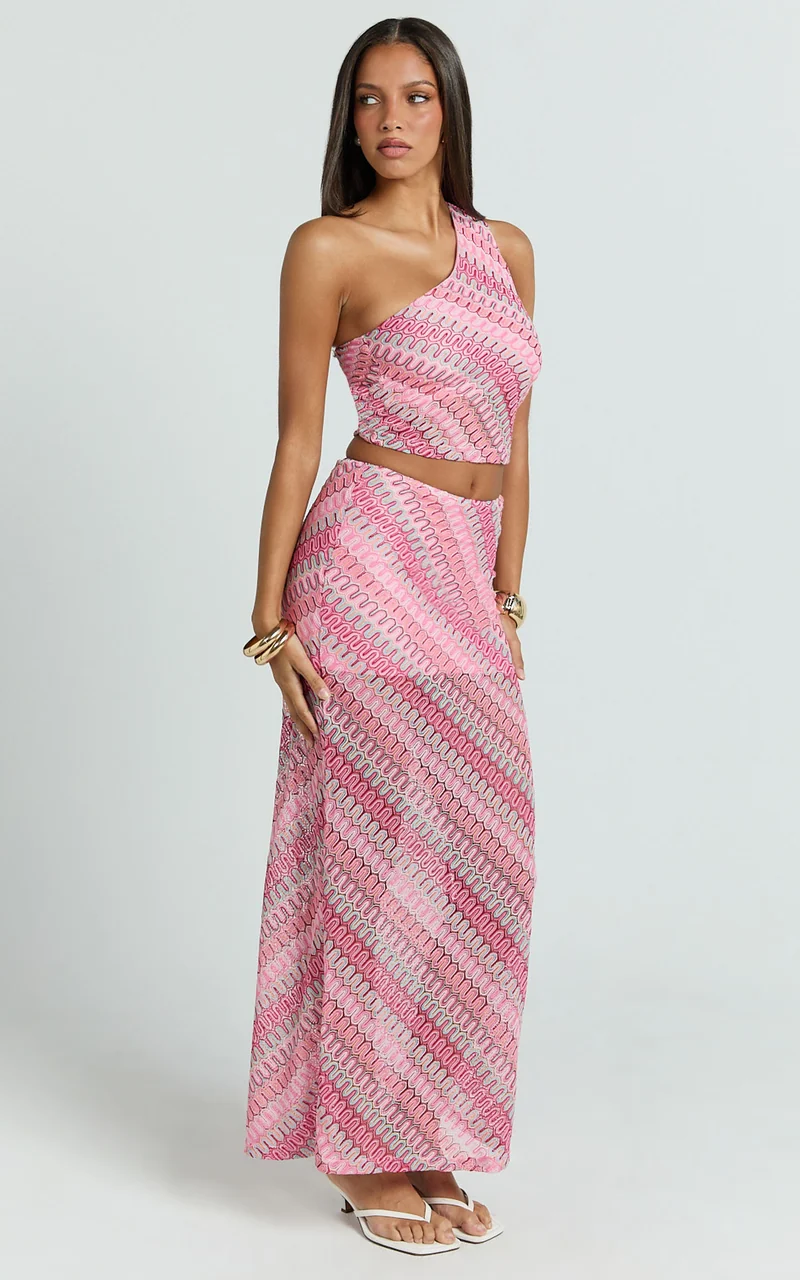 Julia Two Piece Top and Skirt Set - One Shoulder Top and Maxi Skirt in Bright Pink