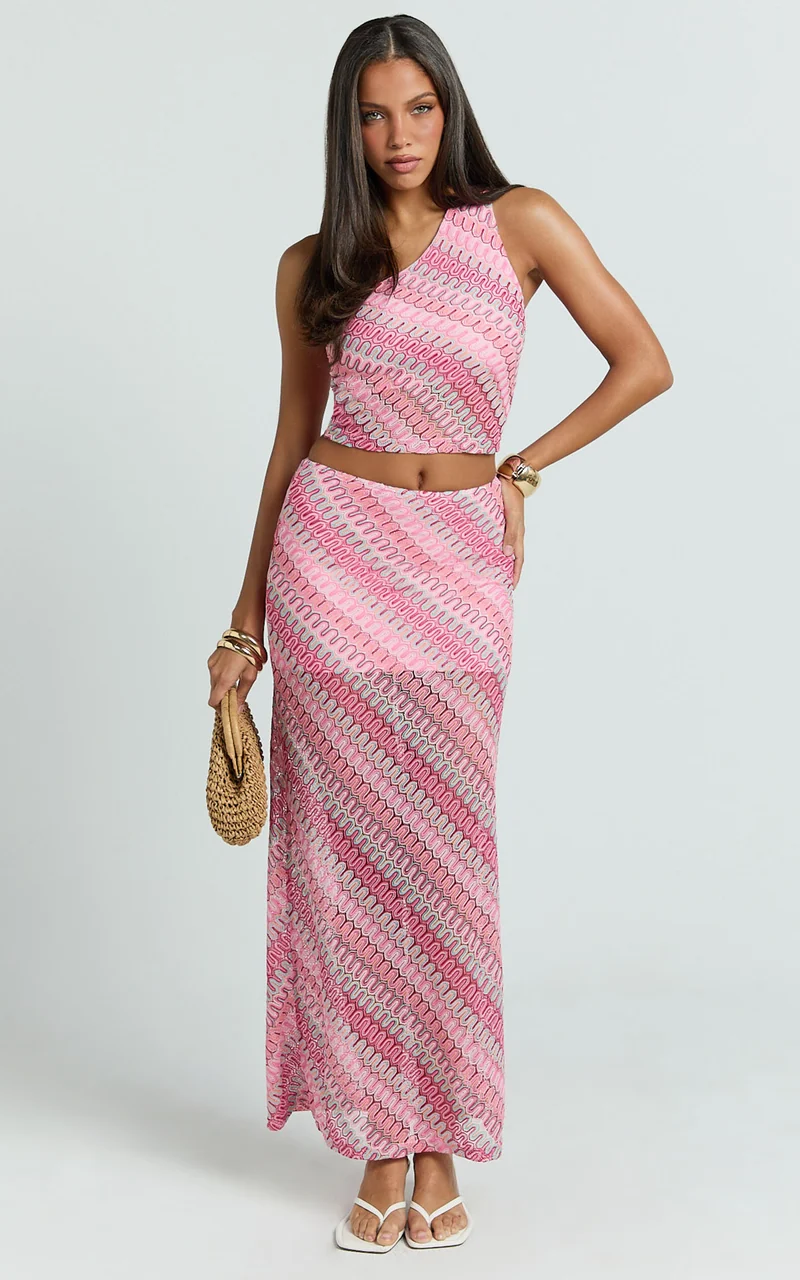 Julia Two Piece Top and Skirt Set - One Shoulder Top and Maxi Skirt in Bright Pink