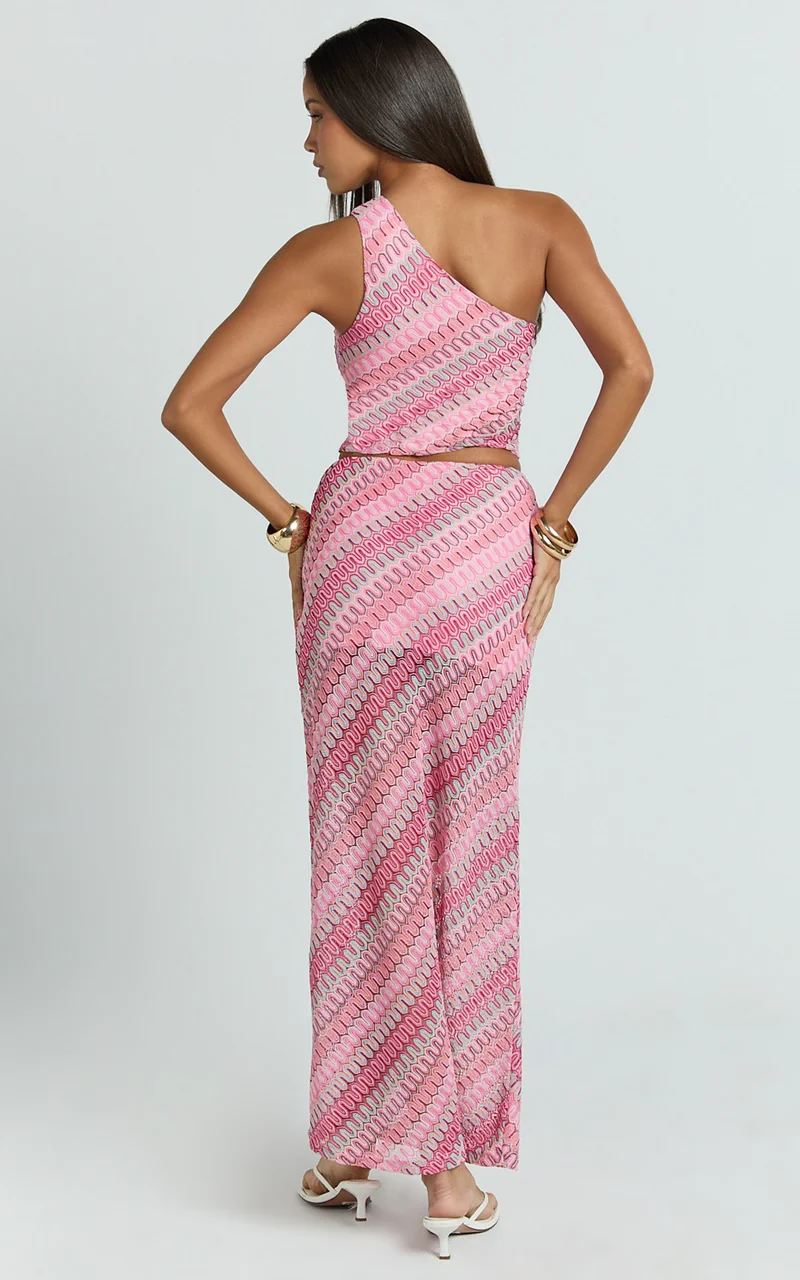 Julia Two Piece Top and Skirt Set - One Shoulder Top and Maxi Skirt in Bright Pink