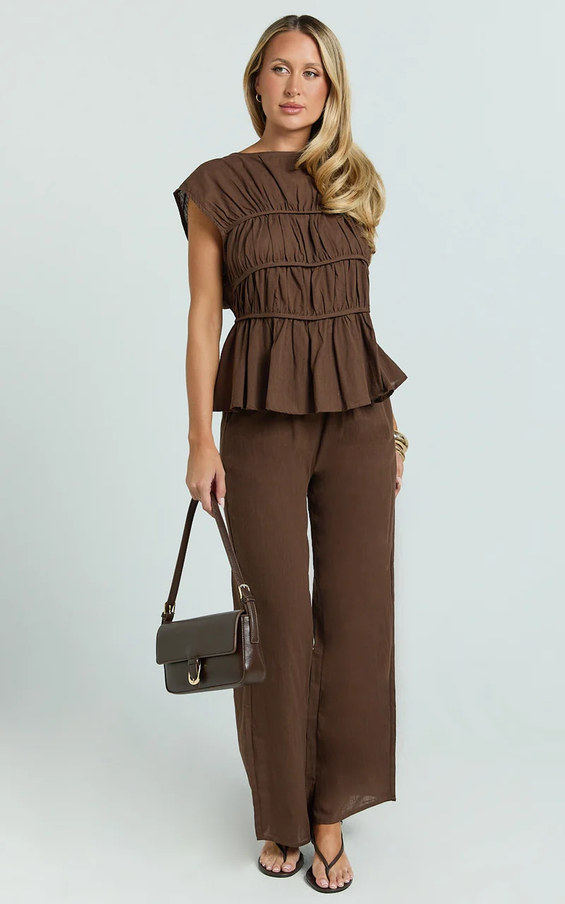 Auric Two Piece Set - Ruched Detail Top and Wide Leg Pants Set in Brown