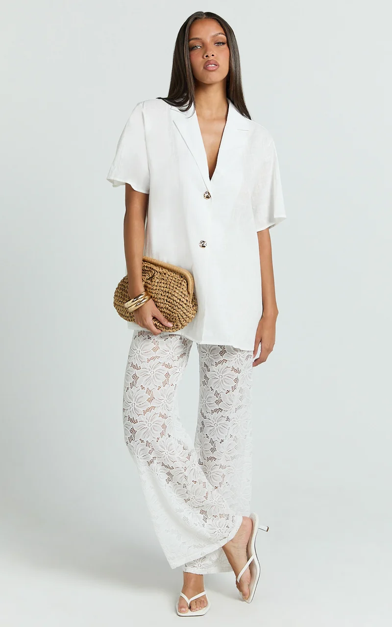 Jemma Two Piece Set - Relaxed Shirt and Lace Pants Set in White