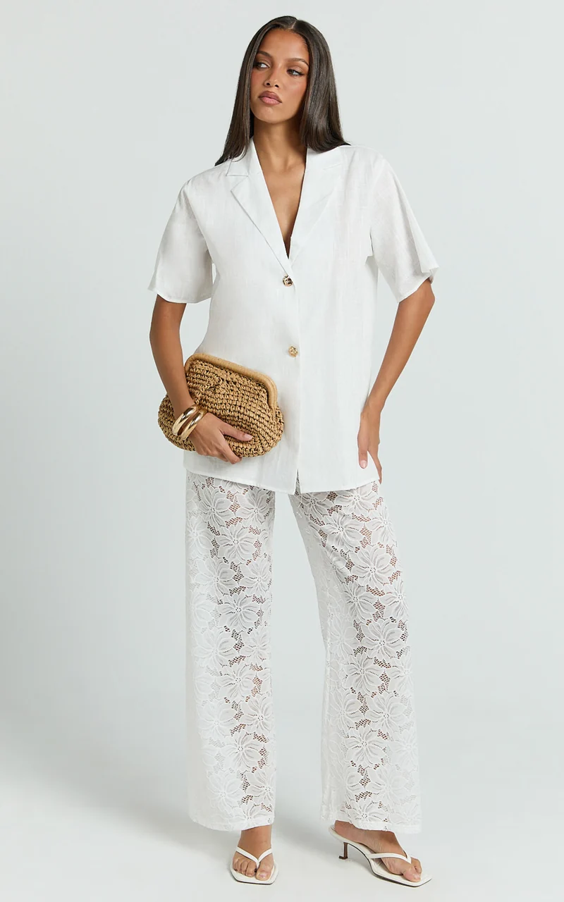 Jemma Two Piece Set - Relaxed Shirt and Lace Pants Set in White