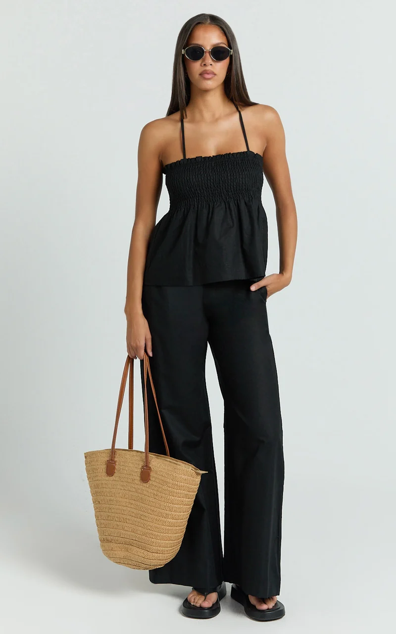 Alma Two Piece Set - Cotton Cami Pant Set in Black