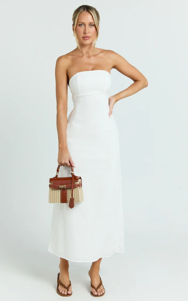 Genni Midi Dress - Strapless A Line Linen Blend Dress in White