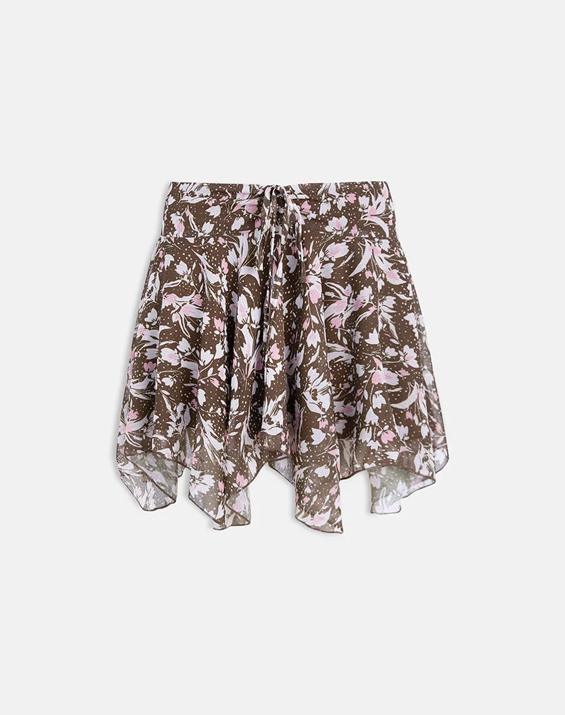 Minijupe Veny en mousseline de soie marron et rose à pois