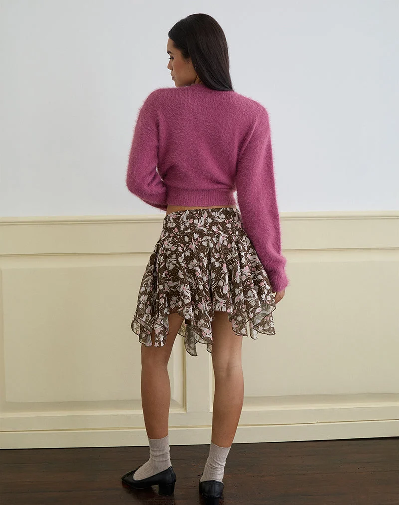 Minijupe Veny en mousseline de soie marron et rose à pois