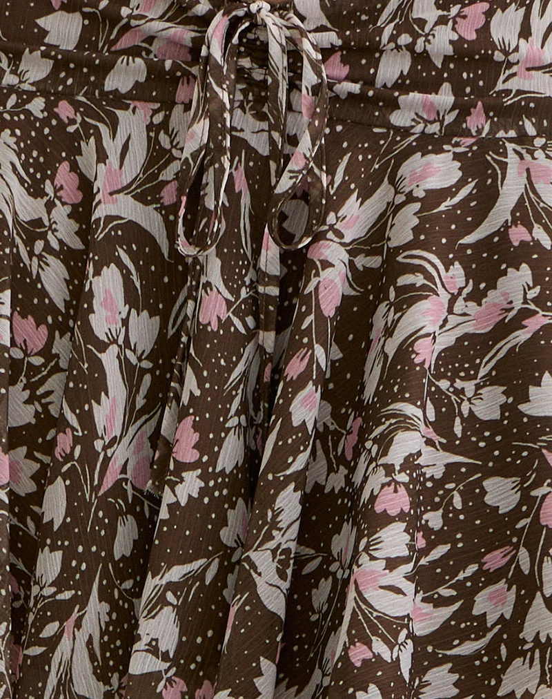 Minijupe Veny en mousseline de soie marron et rose à pois