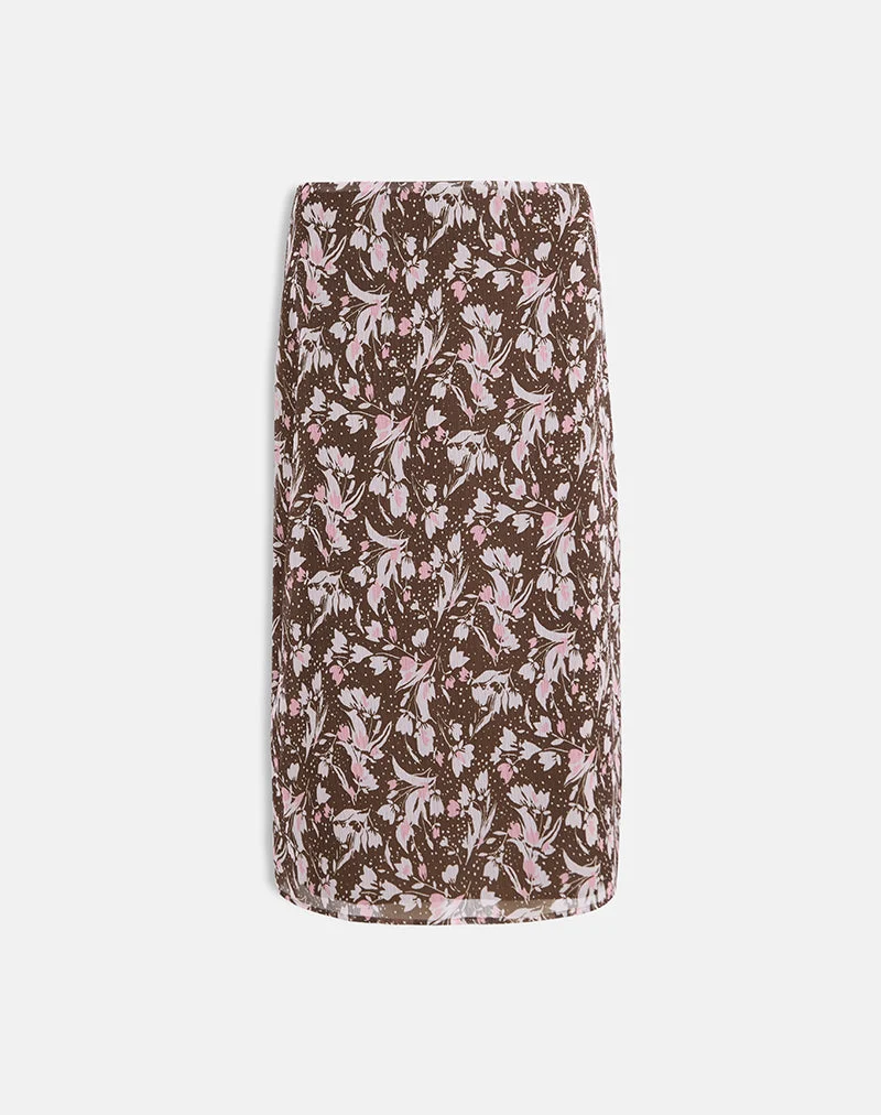 Jupe midi Nimas en mousseline à fleurs polka marron et rose