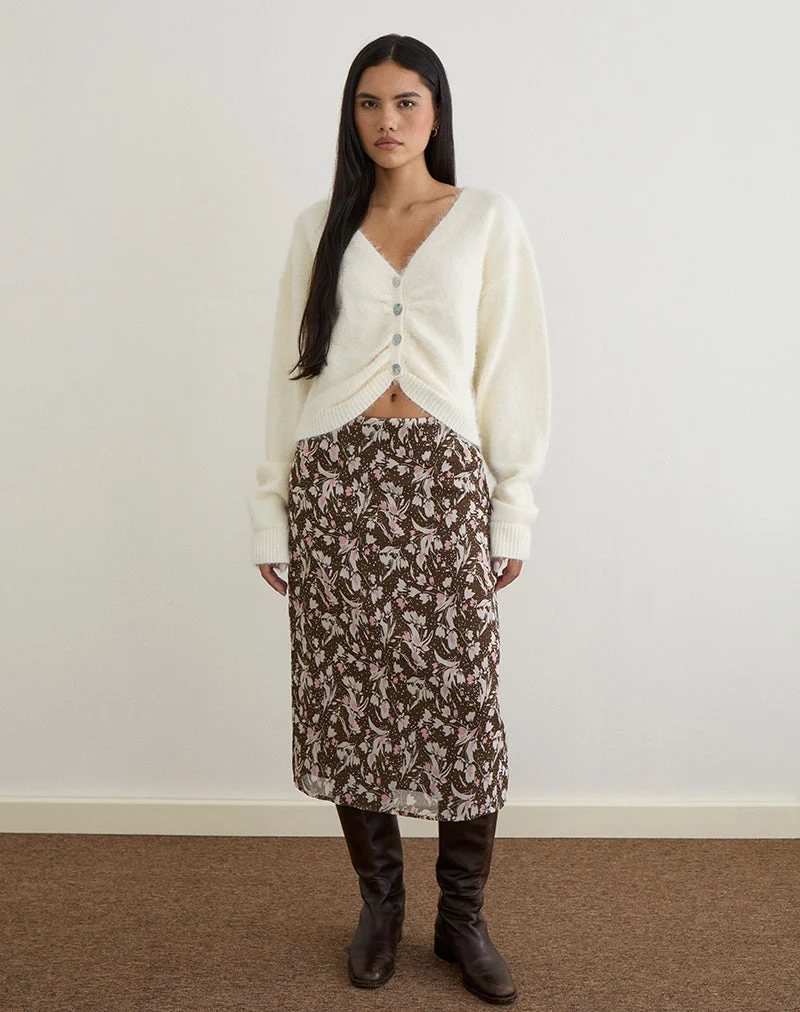 Jupe midi Nimas en mousseline à fleurs polka marron et rose