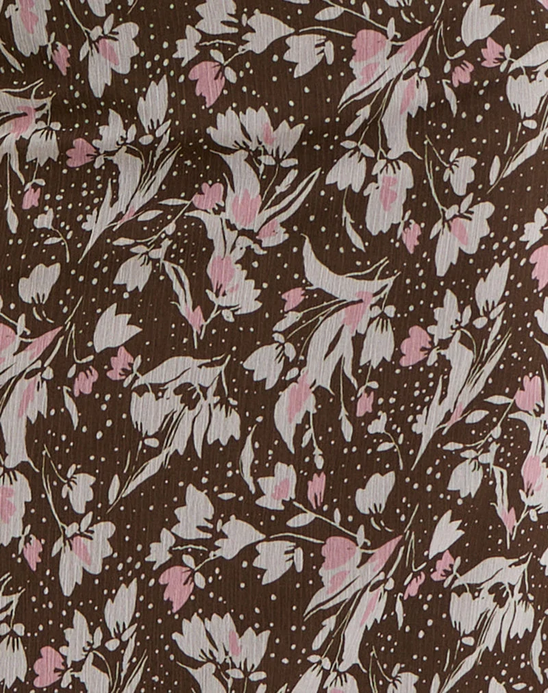 Jupe midi Nimas en mousseline à fleurs polka marron et rose