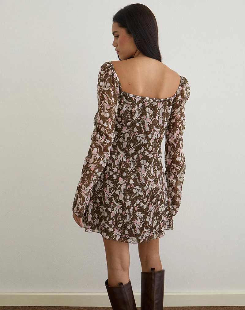 Robe Mariko en mousseline de soie à fleurs polka marron et rose
