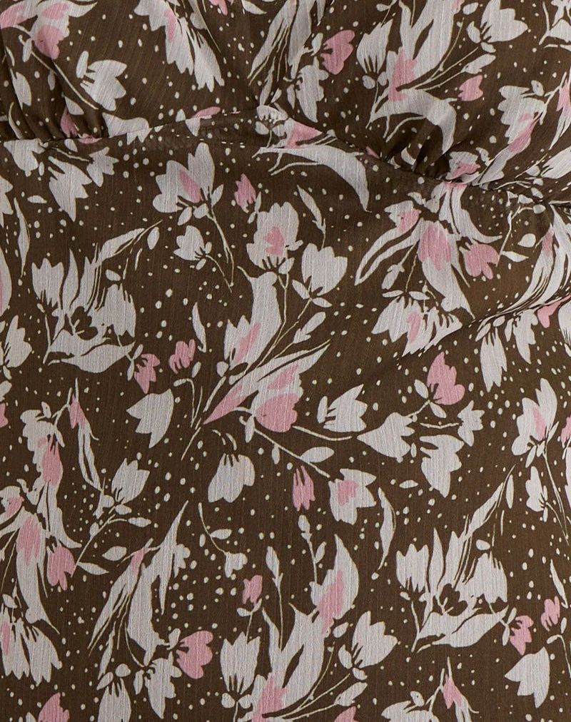 Robe Mariko en mousseline de soie à fleurs polka marron et rose