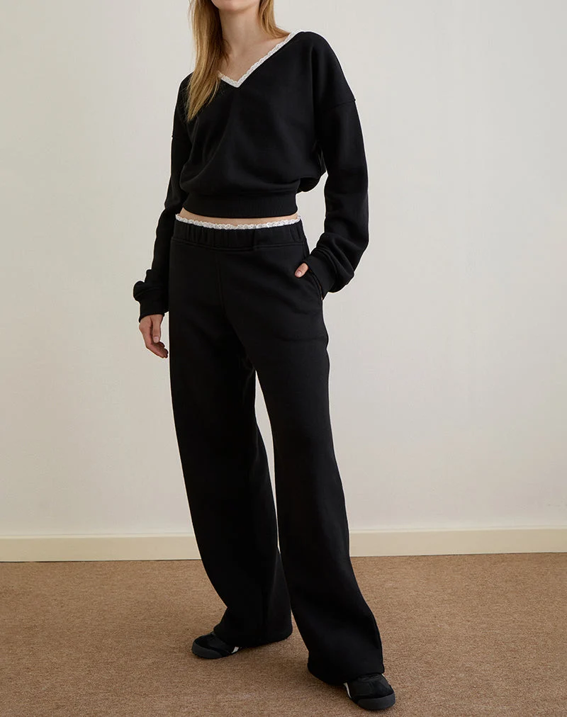 Jenita Loose Jogger in Black with White Picot Trim