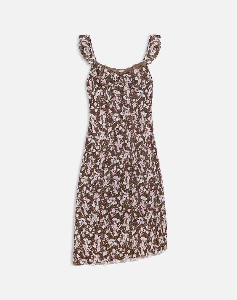 Daita Midi Dress in Chiffon Polka Flower Brown