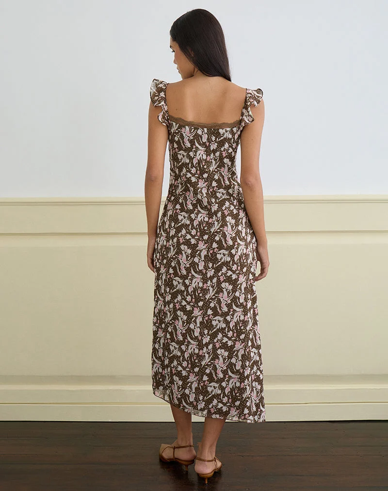 Daita Midi Dress in Chiffon Polka Flower Brown