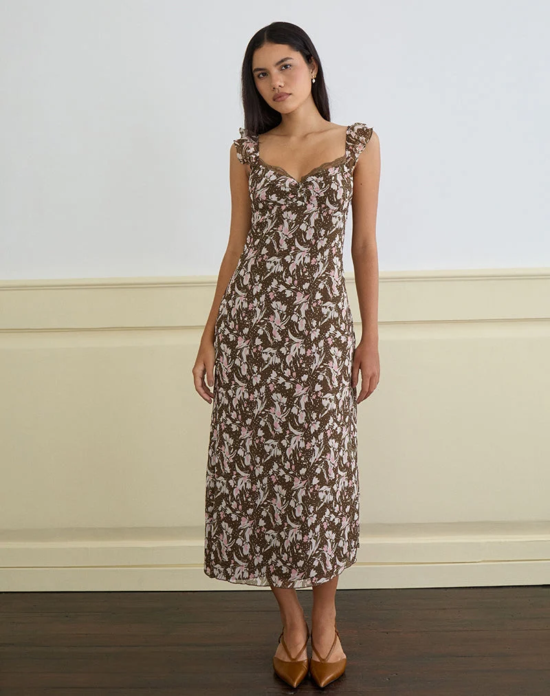 Daita Midi Dress in Chiffon Polka Flower Brown