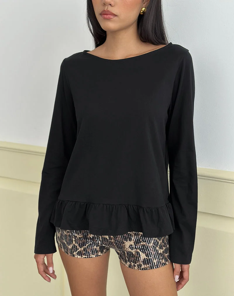 Vivala Boxy Long Sleeve Top in Black with Frill Hem