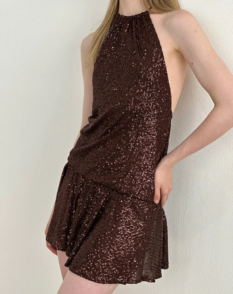 Mini robe Veloria en drapé pailleté marron