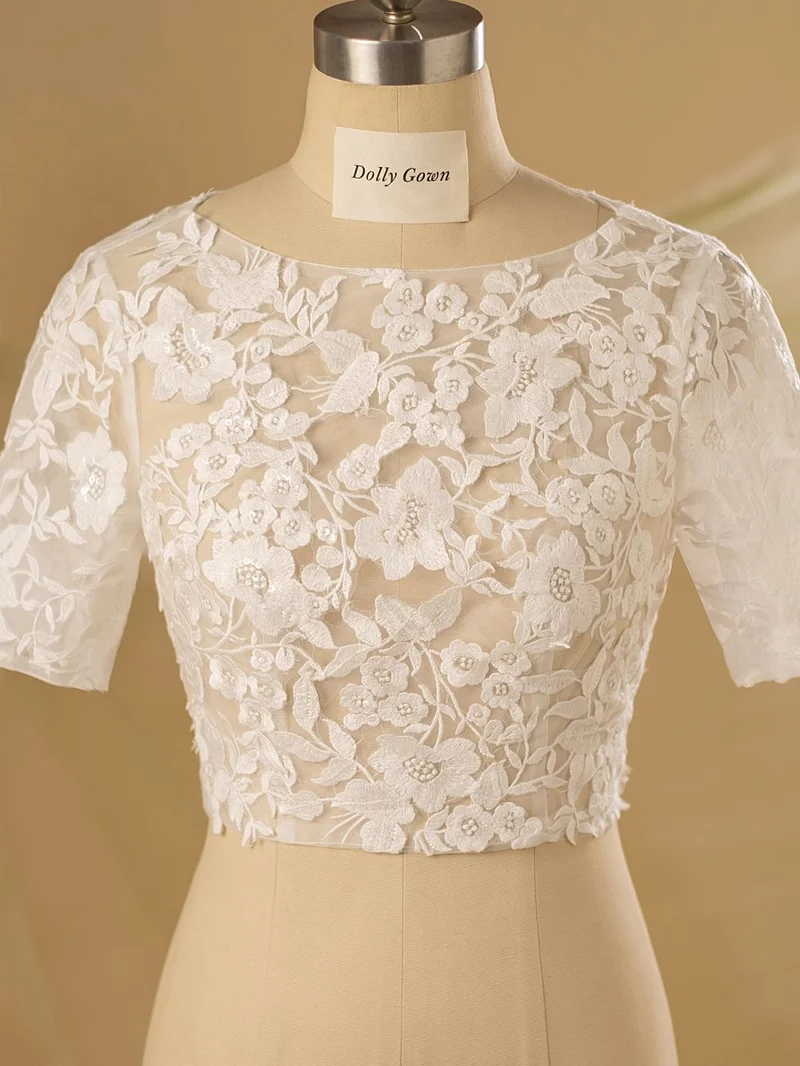 Haut de mariée en dentelle à dos ouvert Shelbi avec manches 1/2