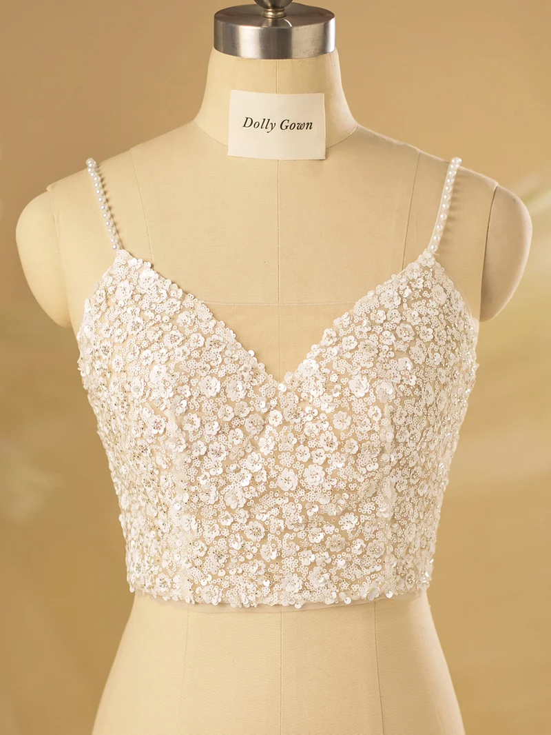 Hauts de mariée à bretelles spaghetti et paillettes florales Kimdwell