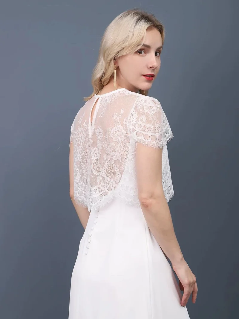 Haut de robe de mariée en dentelle à manches courtes et col haut Gaia