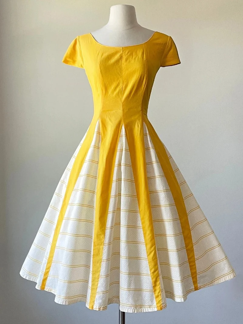 Nouvelle arrivée des années 50, robe vintage à col bateau jaune avec jupe circulaire complète