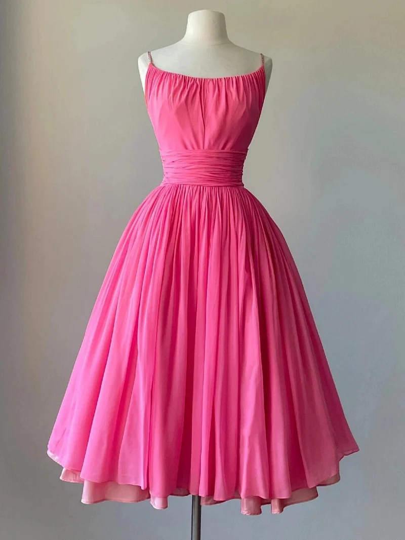 Robe de bal courte à bretelles spaghetti rose vif vintage style années 50