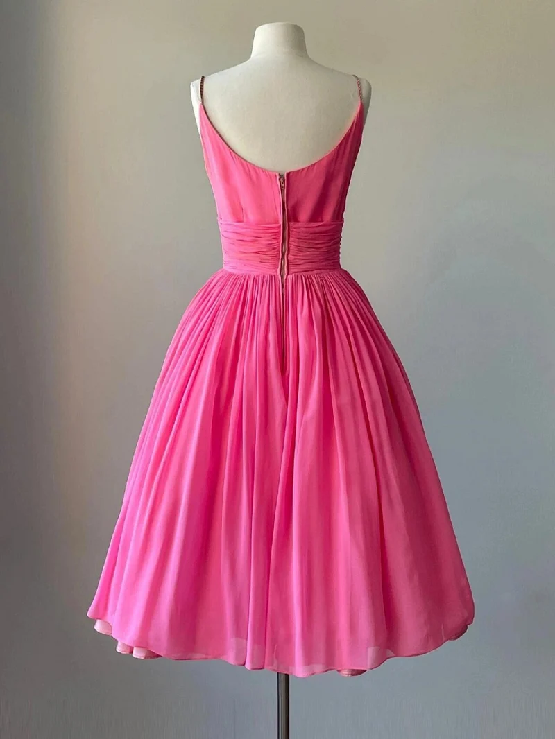 Robe de bal courte à bretelles spaghetti rose vif vintage style années 50