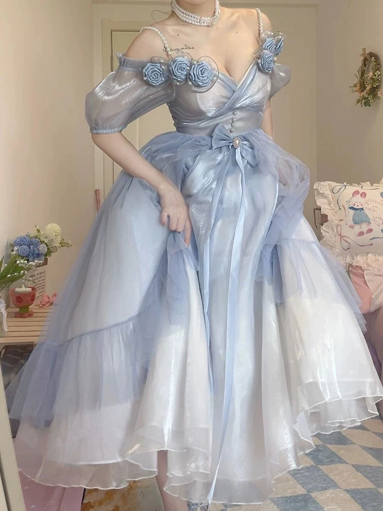 Robe de bal Lolita bleu poussiéreux à épaules dénudées