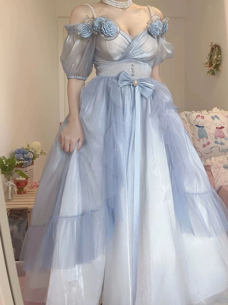 Robe de bal Lolita bleu poussiéreux à épaules dénudées