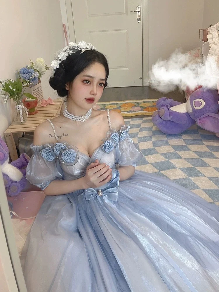 Robe de bal Lolita bleu poussiéreux à épaules dénudées