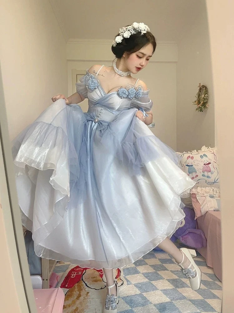 Robe de bal Lolita bleu poussiéreux à épaules dénudées