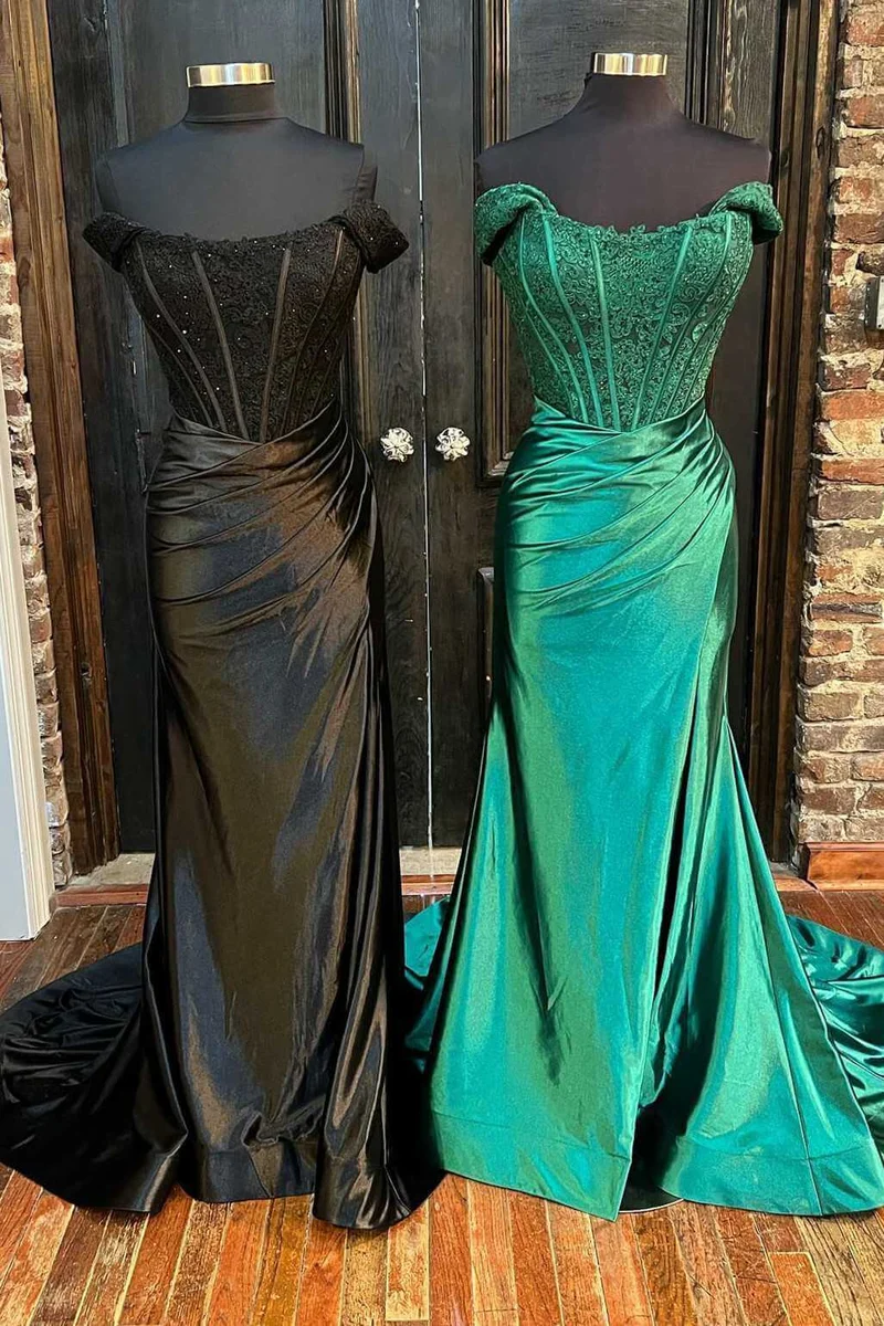 Robe formelle corset longue en dentelle sirène à épaules dénudées avec fente