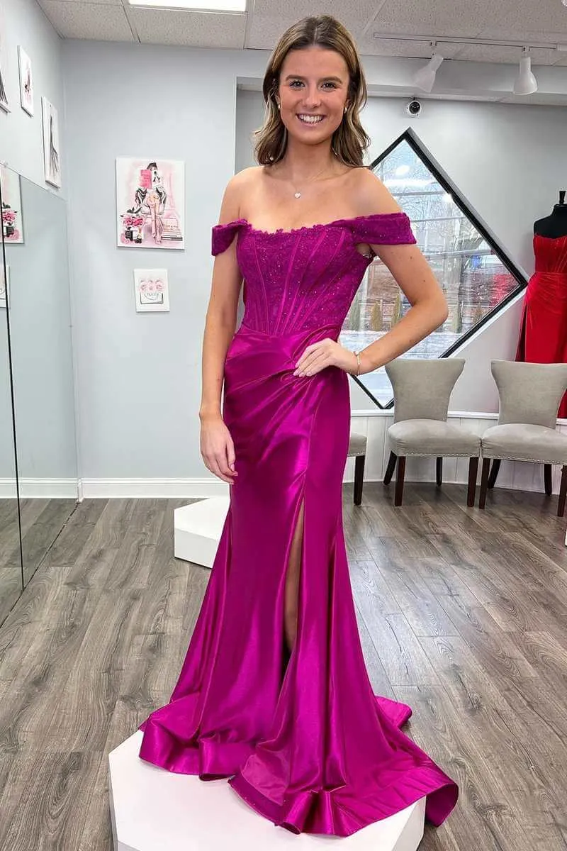 Robe formelle corset longue en dentelle sirène à épaules dénudées avec fente