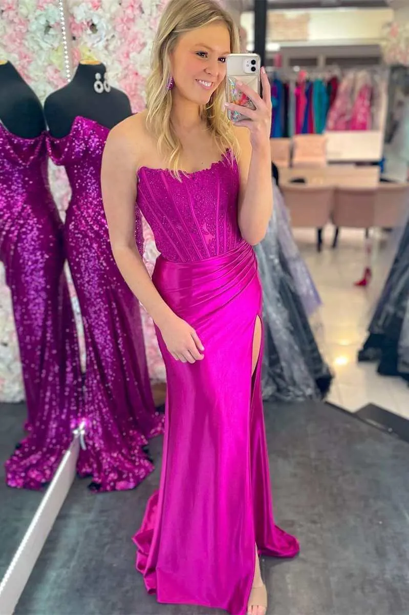Robe formelle corset longue en dentelle sirène à épaules dénudées avec fente