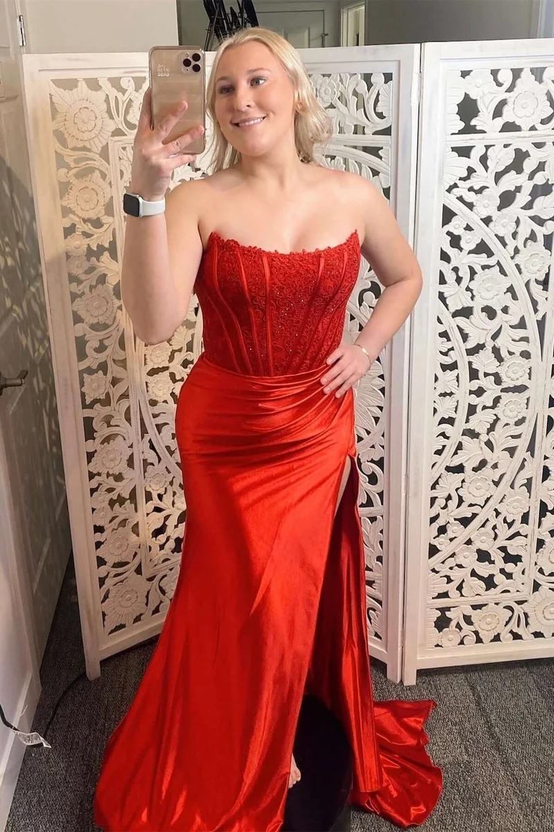 Robe formelle corset longue en dentelle sirène à épaules dénudées avec fente